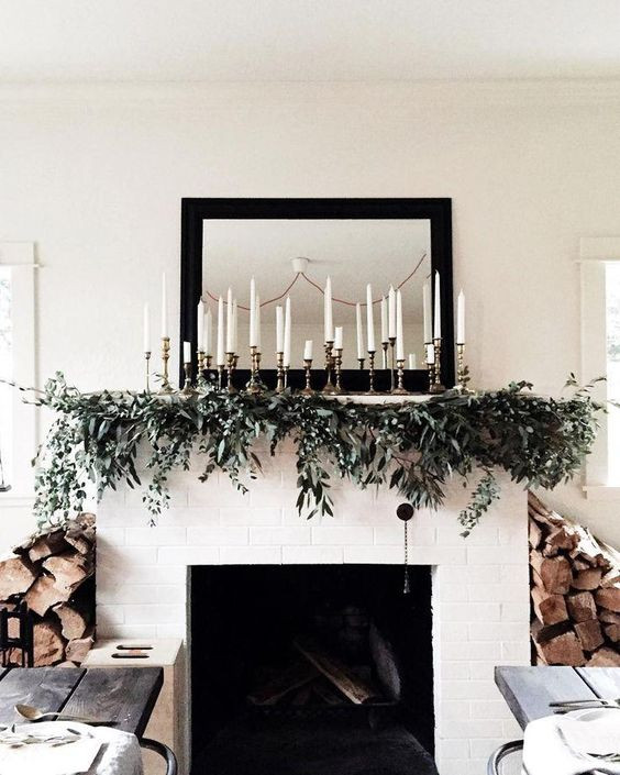 Abundant Eucalyptus Garland and Brass Candles for a Fresh Winter Look — Winter Mantel Decor