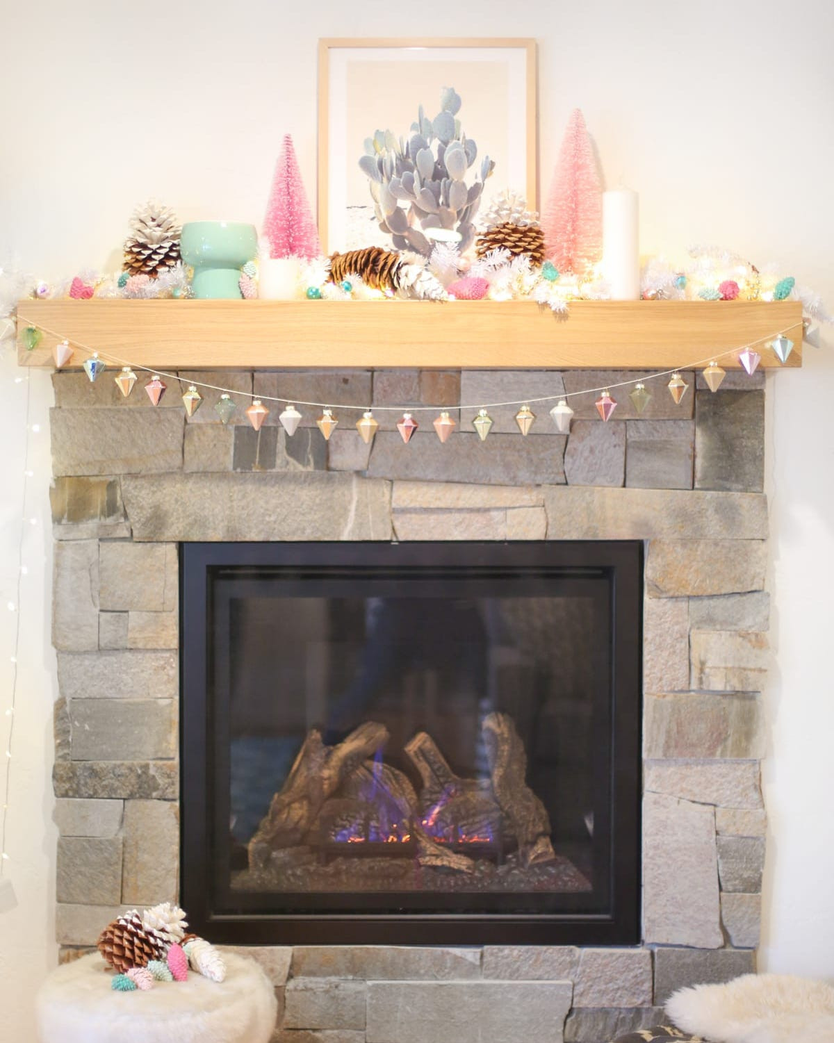Whimsical Mantel with Pastel Trees and Garland Whimsical Mantel with Pastel Trees and Garland — Winter Home Decor