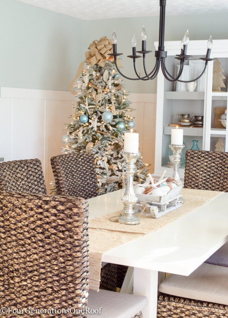 Flocked Coastal Christmas Tree in Dining Room Flocked Coastal Christmas Tree in Dining Room — Coastal Christmas Decor