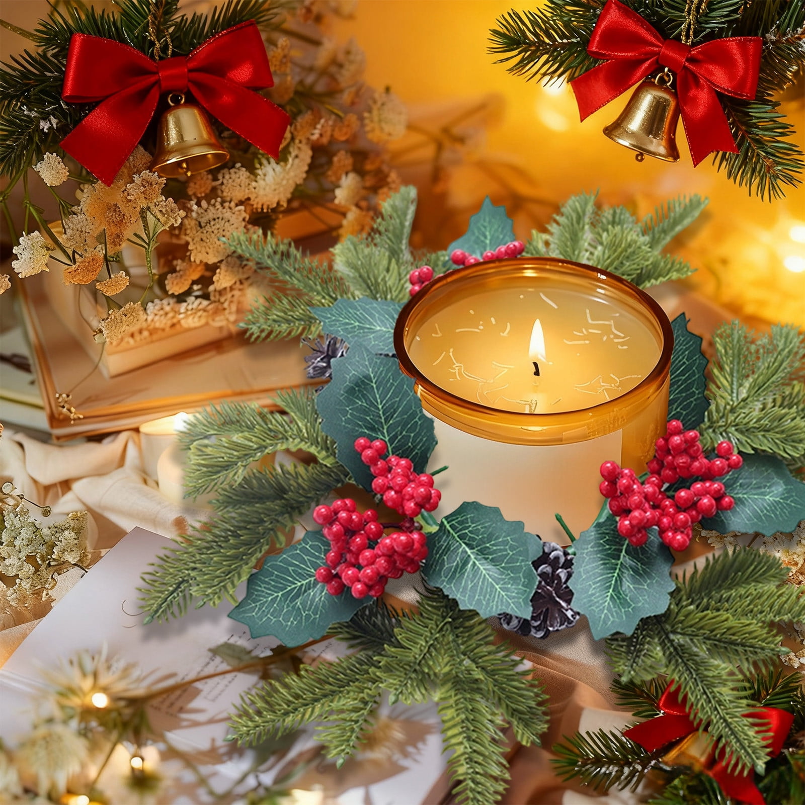 Festive Jar Candle Surrounded by a Lush Christmas Wreath Festive Jar Candle Surrounded by a Lush Christmas Wreath — Christmas Candle Decor