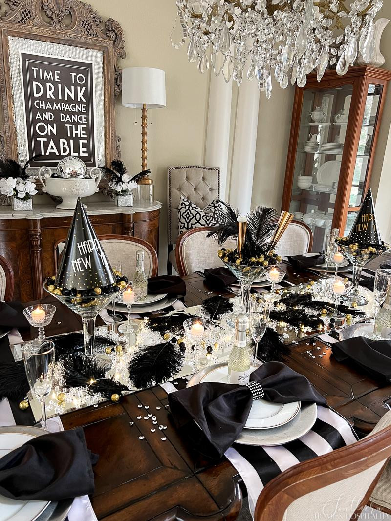 Glamorous Martini Glass Centerpieces Filled with Feathers and Glitter — New Years Eve Party Decor