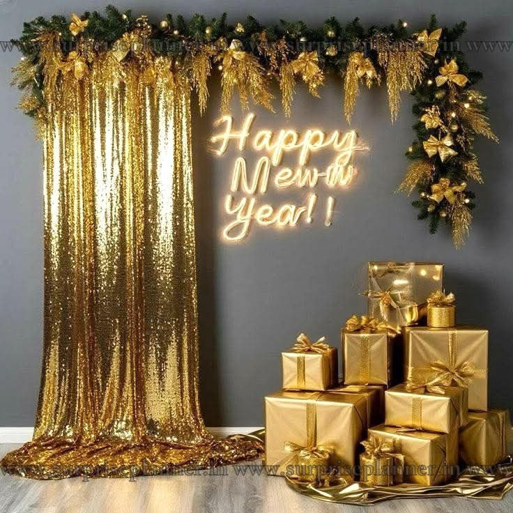 Luxury Sequin Curtain Backdrop with Greenery and Neon Sign — New Years Eve Backdrop