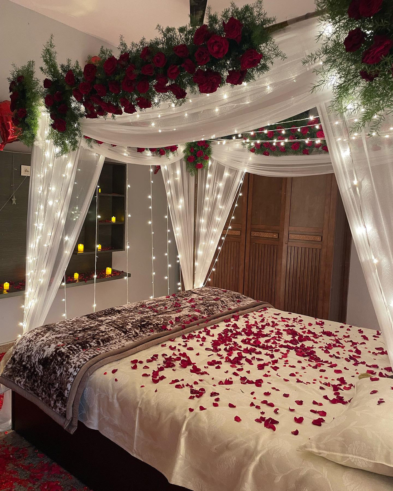 Elaborate Canopy Bed with Roses and Twinkling Lights Elaborate Canopy Bed with Roses and Twinkling Lights — New Years Eve Date Night at Home