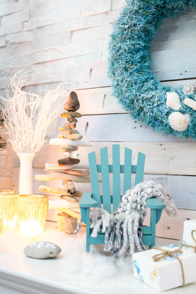 Driftwood Christmas Tree and Shell Wreath on Mantel Driftwood Christmas Tree and Shell Wreath on Mantel — Coastal Christmas Decor