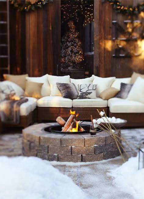 Cozy Rustic Patio with Fire Pit and Plush Seating Cozy Rustic Patio with Fire Pit and Plush Seating — Winter Porch Decor