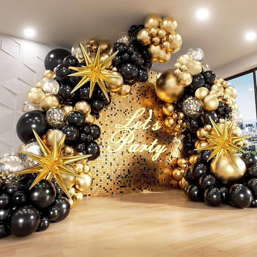 Glamorous New Year's Eve Balloon Arch with Neon Sign and Sequin Backdrop Glamorous New Year's Eve Balloon Arch with Neon Sign and Sequin Backdrop — New Years Eve Balloon Garland