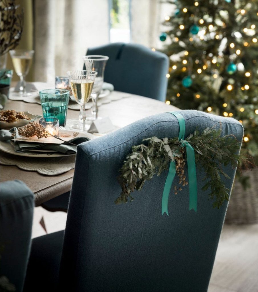 Dining Room with Blue Chairs and Background Christmas Tree Dining Room with Blue Chairs and Background Christmas Tree — Blue and Silver Christmas Tree