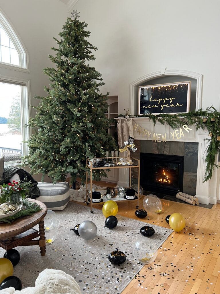 Festive Living Room with a Decorated Fireplace and Bar Cart — New Years Eve Party Decor