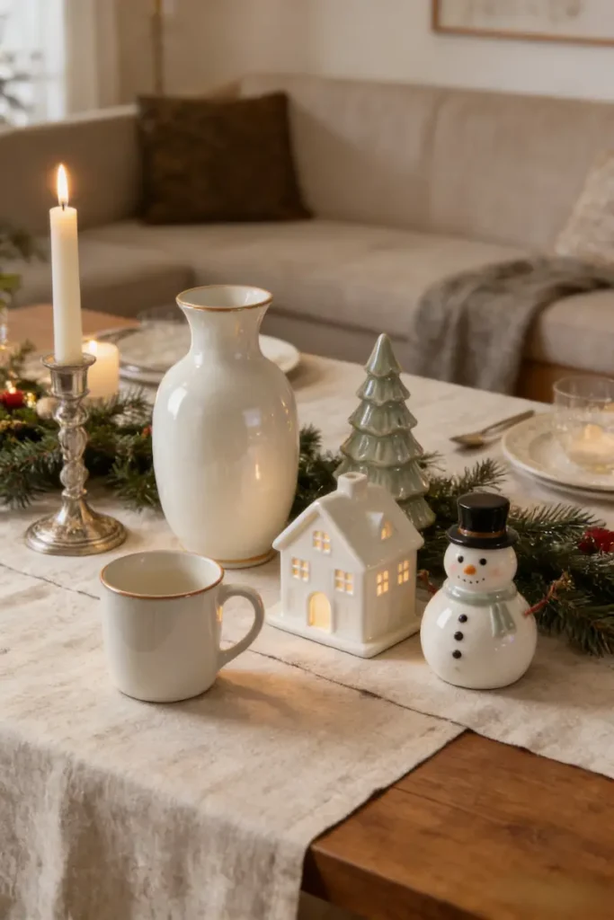 Cozy Coffee Table Christmas Vignette with Silver Candle Holder and Ceramic House Cozy Coffee Table Christmas Vignette with Silver Candle Holder and Ceramic House — Christmas Candle Decor