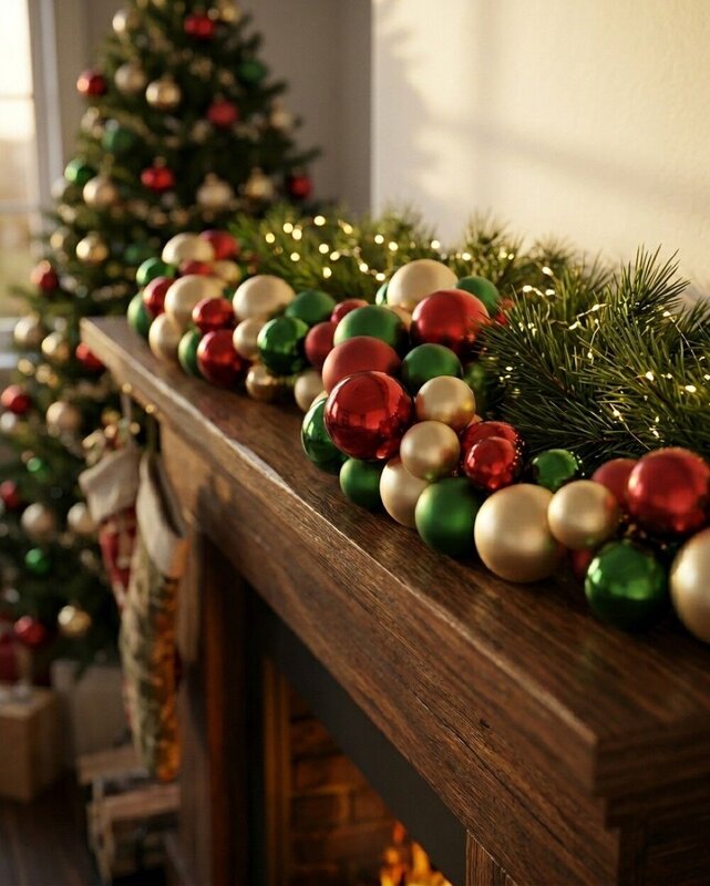 Festive Fireplace Mantel with Garland and Christmas Tree Festive Fireplace Mantel with Garland and Christmas Tree — Red and Green Christmas Tree
