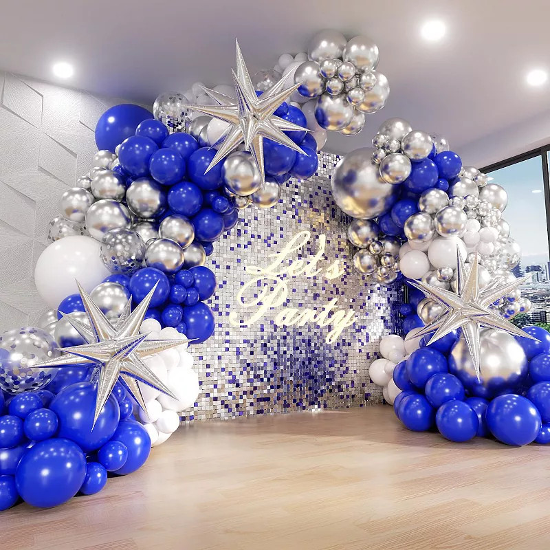 Royal Blue, Silver, and White Balloon Garland Framing a Neon Sign Royal Blue, Silver, and White Balloon Garland Framing a Neon Sign — New Years Eve Balloon Garland
