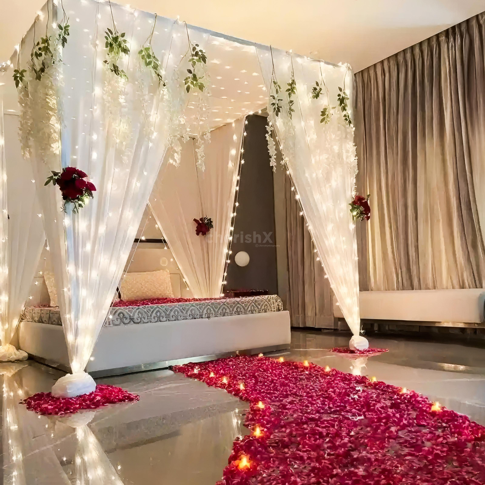 Romantic Bedroom Pathway with Rose Petals and Candles Romantic Bedroom Pathway with Rose Petals and Candles — New Years Eve Date Night at Home