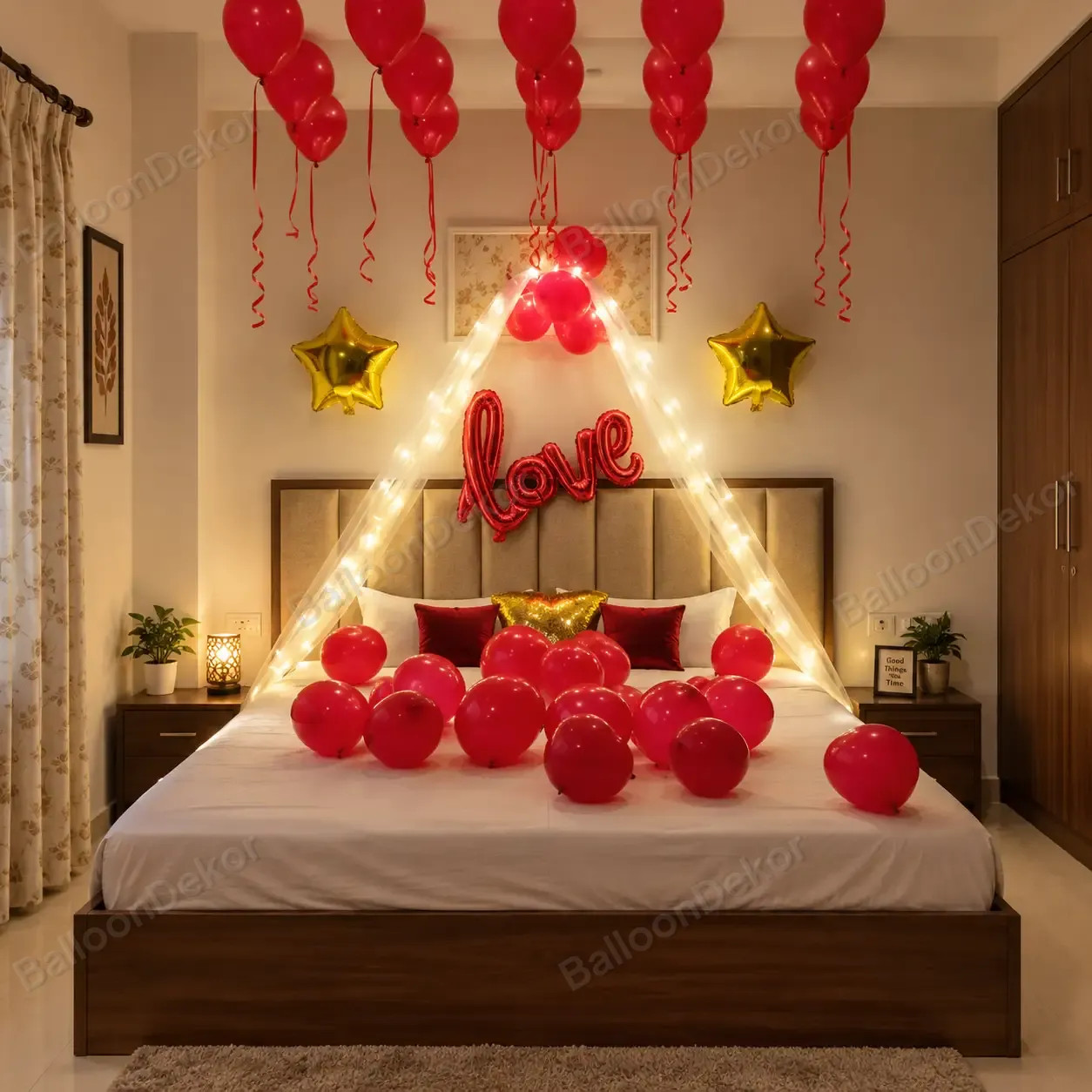 Modern Bedroom with Red and Gold Balloon Accents Modern Bedroom with Red and Gold Balloon Accents — New Years Eve Date Night at Home