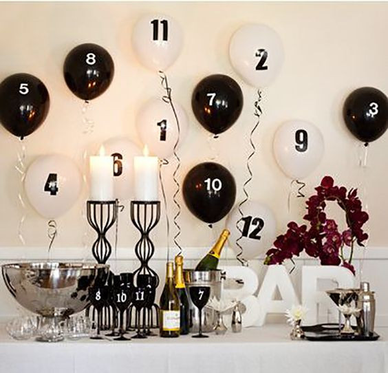 Modern Bar Countdown Backdrop with Numbered Balloons — New Years Eve Backdrop